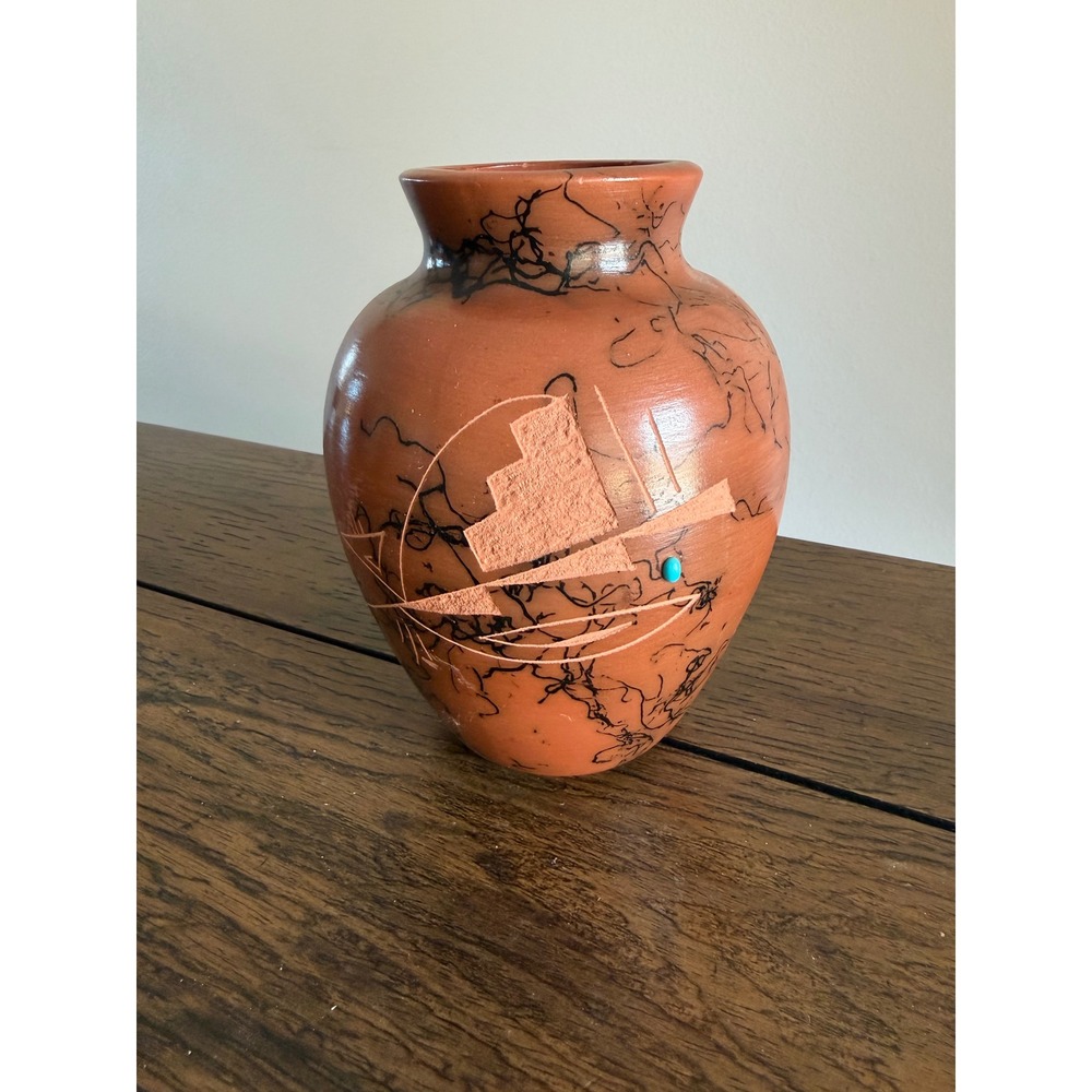 Vintage Horsehair Pottery Vase Small Terracotta Southwestern Turquoise Accent